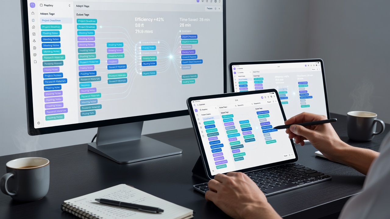 Team members collaborating around a screen displaying adaptive tags organizing notes for project tracking in a digital platform